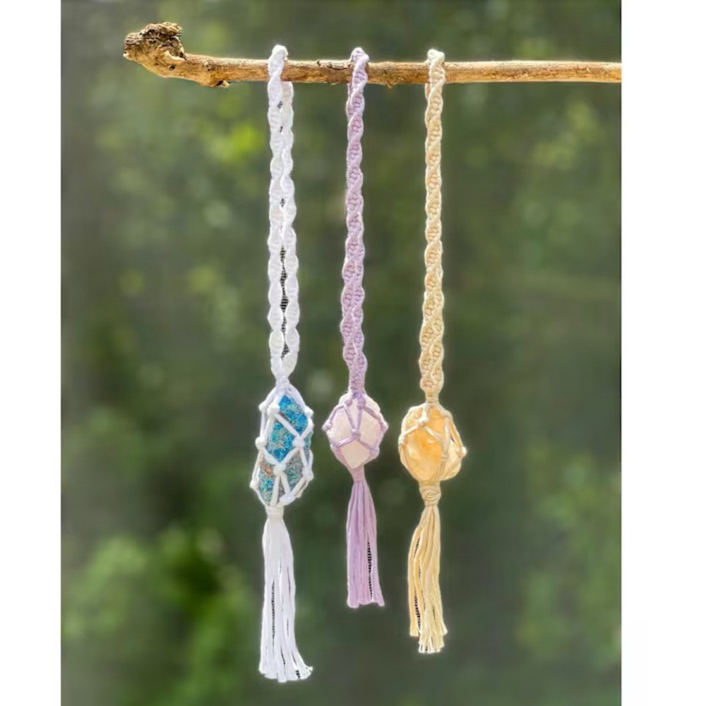 NWT Handmade Lily Macrame Car Charm with Amethyst Crystal & Essential Oil Bead
